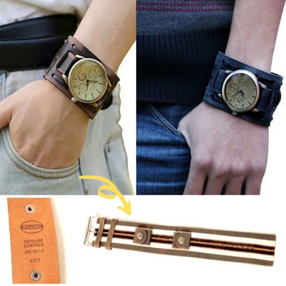 Fossil wide leather wristbands watch  NWOT gray - Picture 1 of 9
